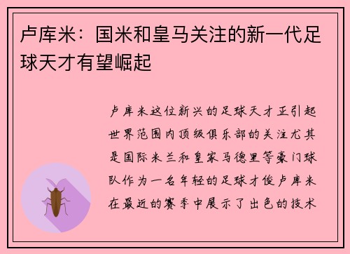 卢库米：国米和皇马关注的新一代足球天才有望崛起
