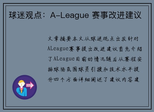 球迷观点：A-League 赛事改进建议