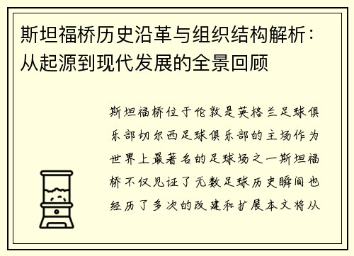 斯坦福桥历史沿革与组织结构解析：从起源到现代发展的全景回顾